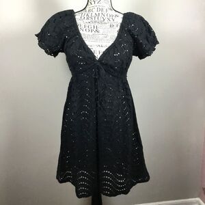 Short eyelet lace dress coverup beach beachy vacation boho v neck tie front sz M